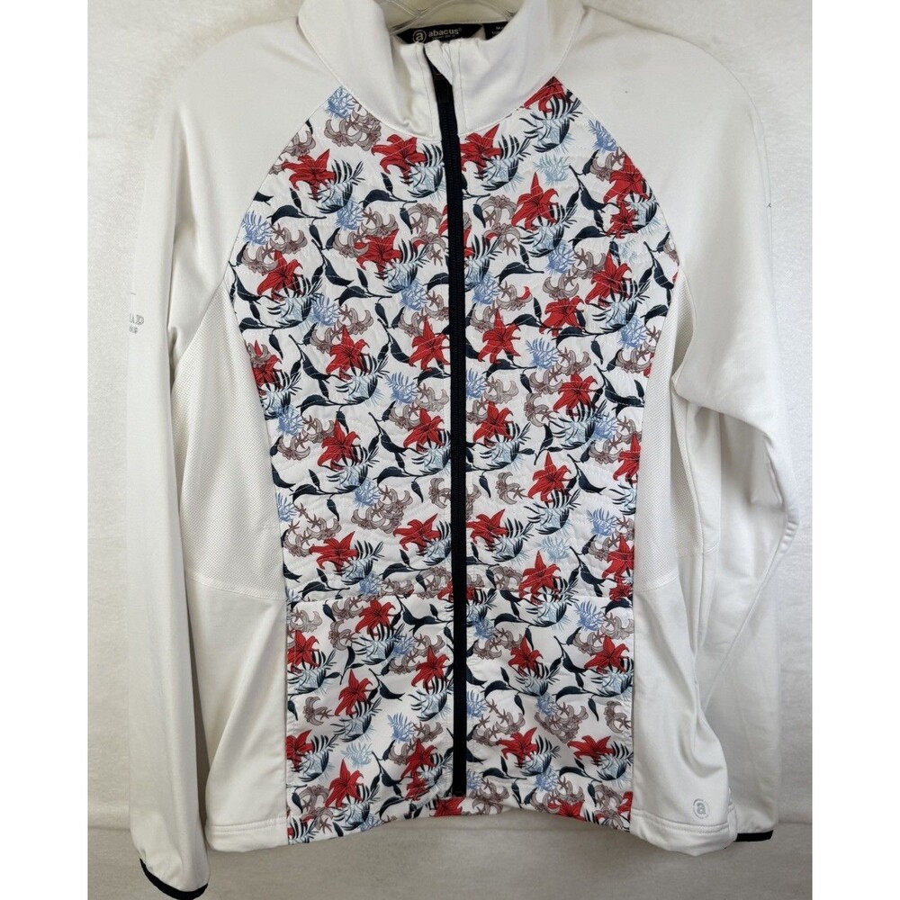 Abacus Womens Golf Hybrid Jacket White Blue Red‎ Floral Quilted Full Zip Sz M **